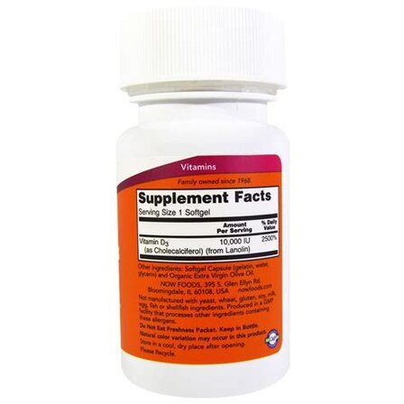 NOW Foods Vitamin D3 10000 IU (240 гелевых капсул) витамин Д3 холикальцеферон