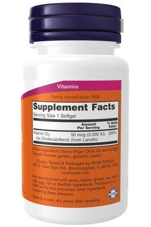 NOW Foods Vitamin D3 2000 IU (240 гелевых капсул) витамин Д3 холикальцеферол